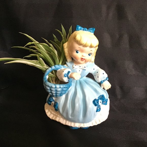 Vintage Ceramic Little Girl in Blue Vase / Planter - Picture 1 of 7